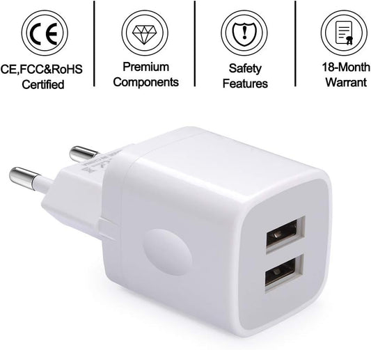 2-Pack European Wall Charger - Dual Port USB 2.1AMP Universal Plug for iPhone, Samsung, LG, and More!