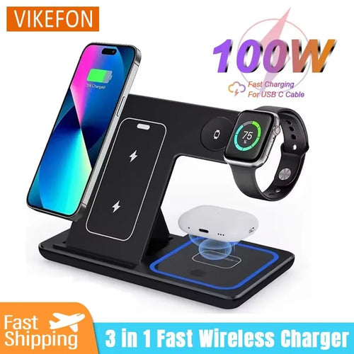 100W 3 in 1 Wireless Charger Holder for Iphone 16 15 14 13 12 Apple Watch S10/9/8 Airpods 4 Pro 2 Foldable Fast Charging Station